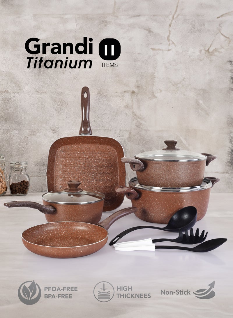 Grandi Granite Coated Pots And Pans Cookware Titanium  Set 11 PCS With Non-Stick Surfaces, Bakelite Handles, glass Lids , PFOA Free- Brown - Image 1